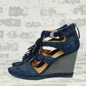 NEW Trask Felicity Fringe Black Suede Wedge Summer Sandals D797